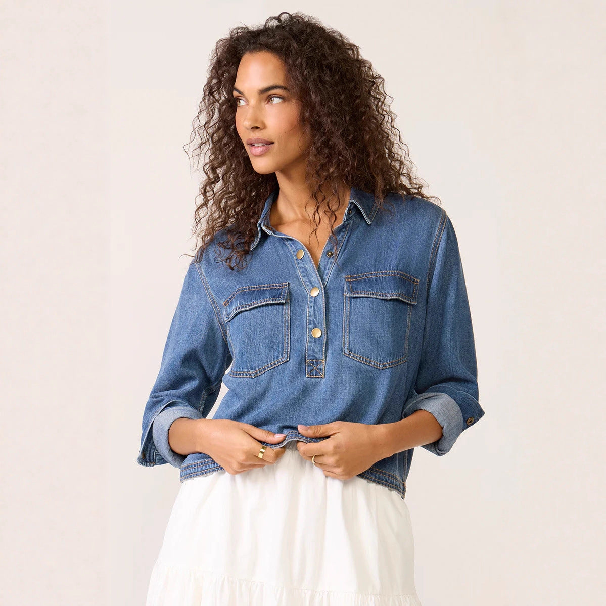 Women Clothing Casual Polo Collar V neck Pullover Denim Shirt - Wanita Store
