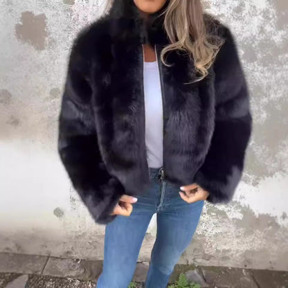 Women Clothing Women Autumn Winter Faux Fur Turtleneck Zipper Casual Top Coat - Wanita Store