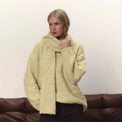 Loose Lazy Soft Wool Sweater Women Autumn Winter Pullover Loose Sweater Scarf Set - Wanita Store