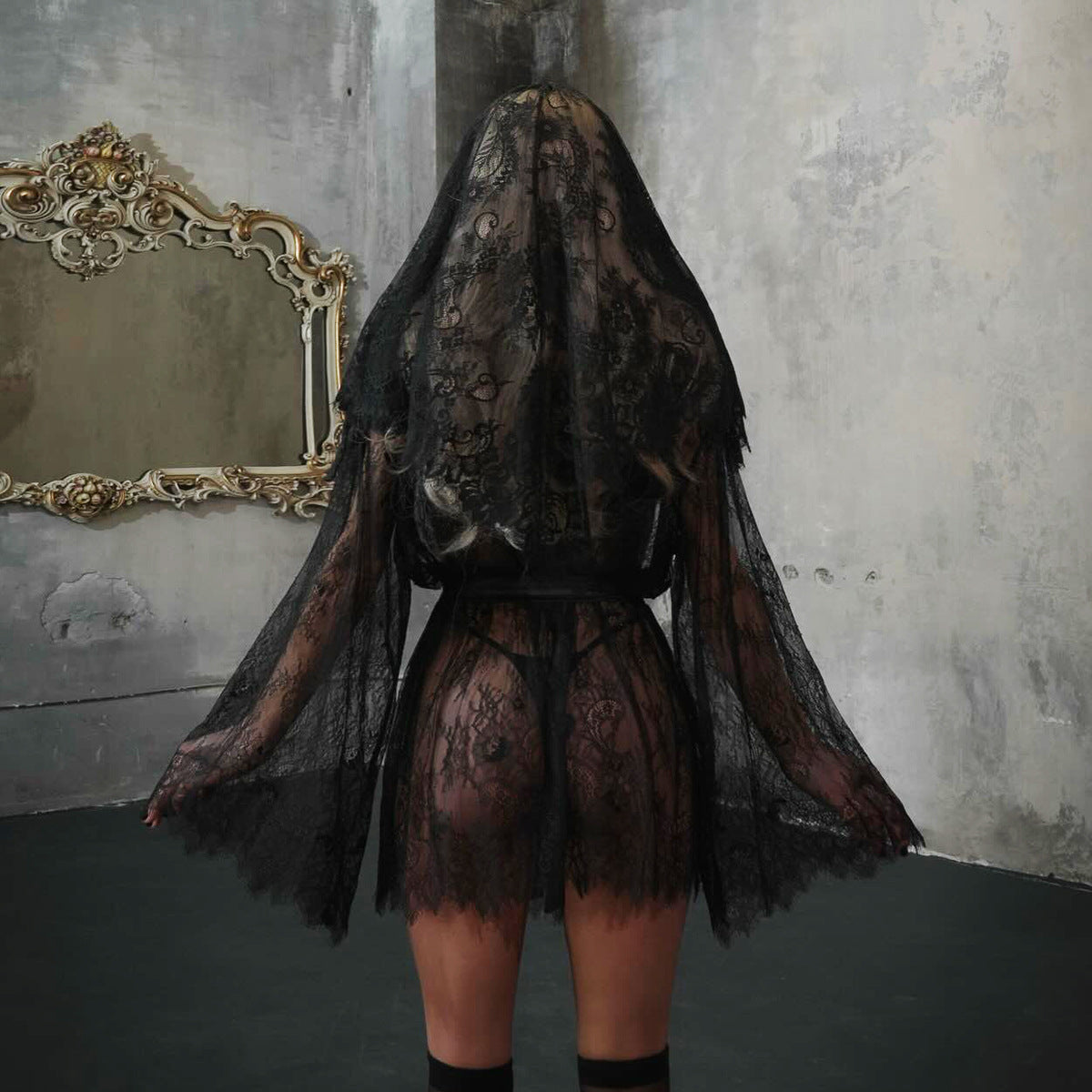 Fashionable See through Lace Slim Long Sleeve Hollow Out Cutout out Outerwear Gown with Body Shaping Sexy Underwear Sets Assembly Veil
