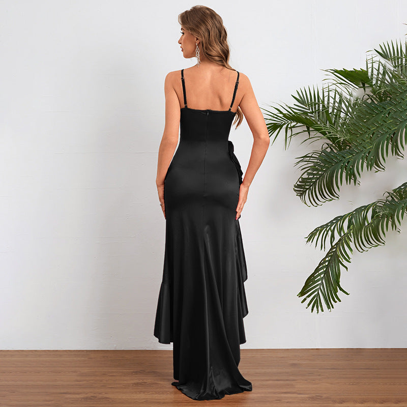 Vestido de mujer sexy con tirantes, volantes y abertura, para otoño