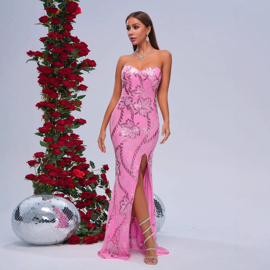 Women Clothing Wrapped Chest off Neck Sheath Sequined Cocktail Fishtail Evening Dress