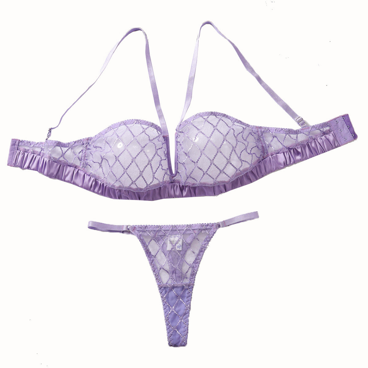 French Sexy Purple Lace Thin Bra Set Mesh See through Shapewear Underwear Two Piece Set