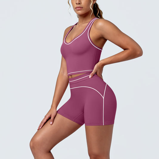 Contrast Color Brushed Yoga U Collar Double Shoulder Strap Sports Back Shaping Shorts Workout Clothes Running Workout Set