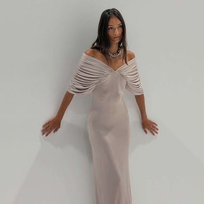 Ropa de mujer de primavera, sexy, hombros descubiertos, manga delgada, color sólido, vestido maxi para mujer