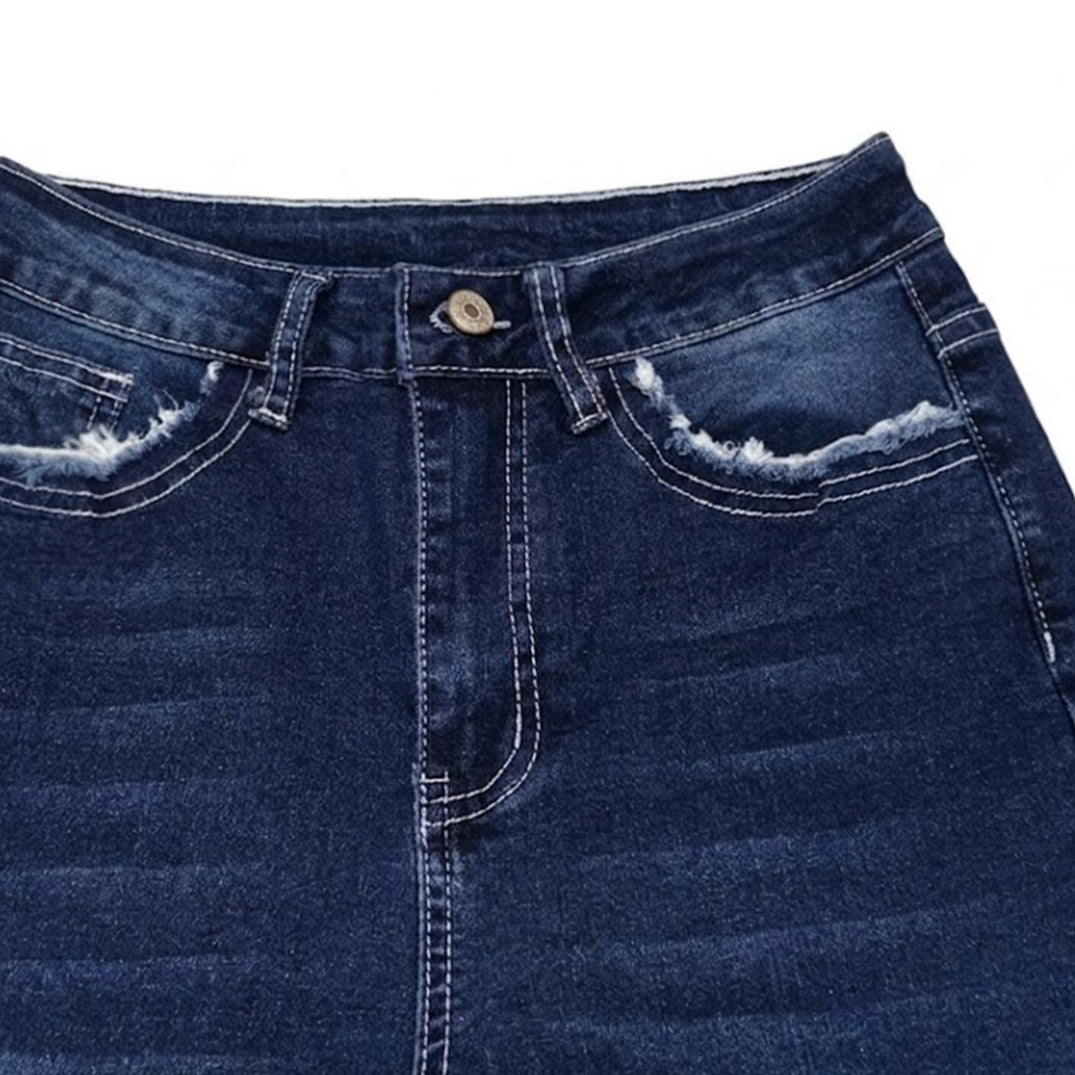 High Waist Wash Stretch Slim Fit Pants Wool Tassel Pocket Slimming Flared Frayed Hem Denim Trousers for Women