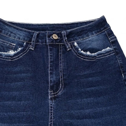 Pantalones de mezclilla ajustados de tiro alto con lavado elástico, borla de lana, bolsillos, corte entallado, dobladillo acampanado y deshilachado para mujer