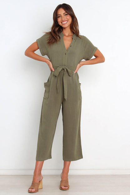 Summer Solid Color Pocket Sexy V Neck Cropped Wide Legged Jumpsuit Women - Wanita Store