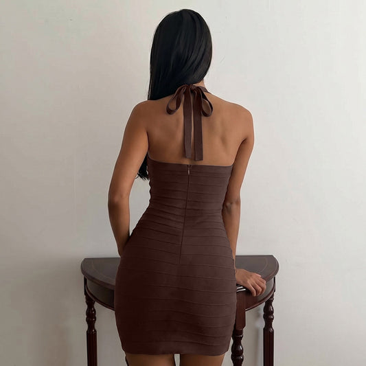 Vestido halter ajustado sin espalda de color liso con cremallera para mujer