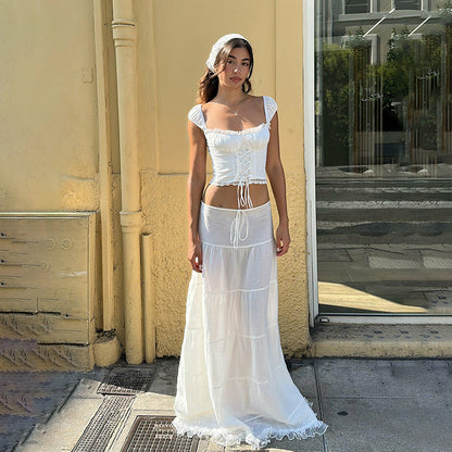 Summer Women Clothing French Square Collar Sling Top with Lace Stitching Skirt Vacation Suit Women - Wanita Store
