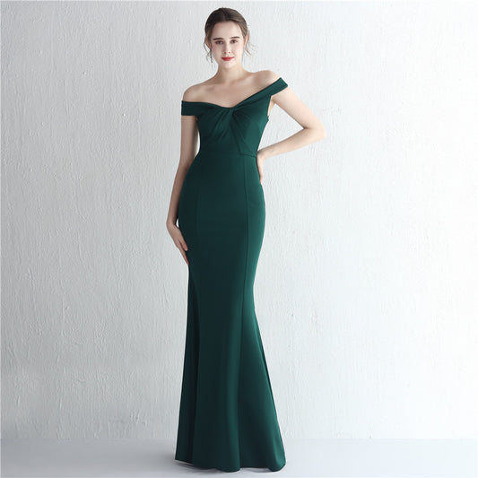 Satin Slim off Shoulder Long Debutante Gala Dinner Slimming Fishtail Wedding Car Model Show Dress