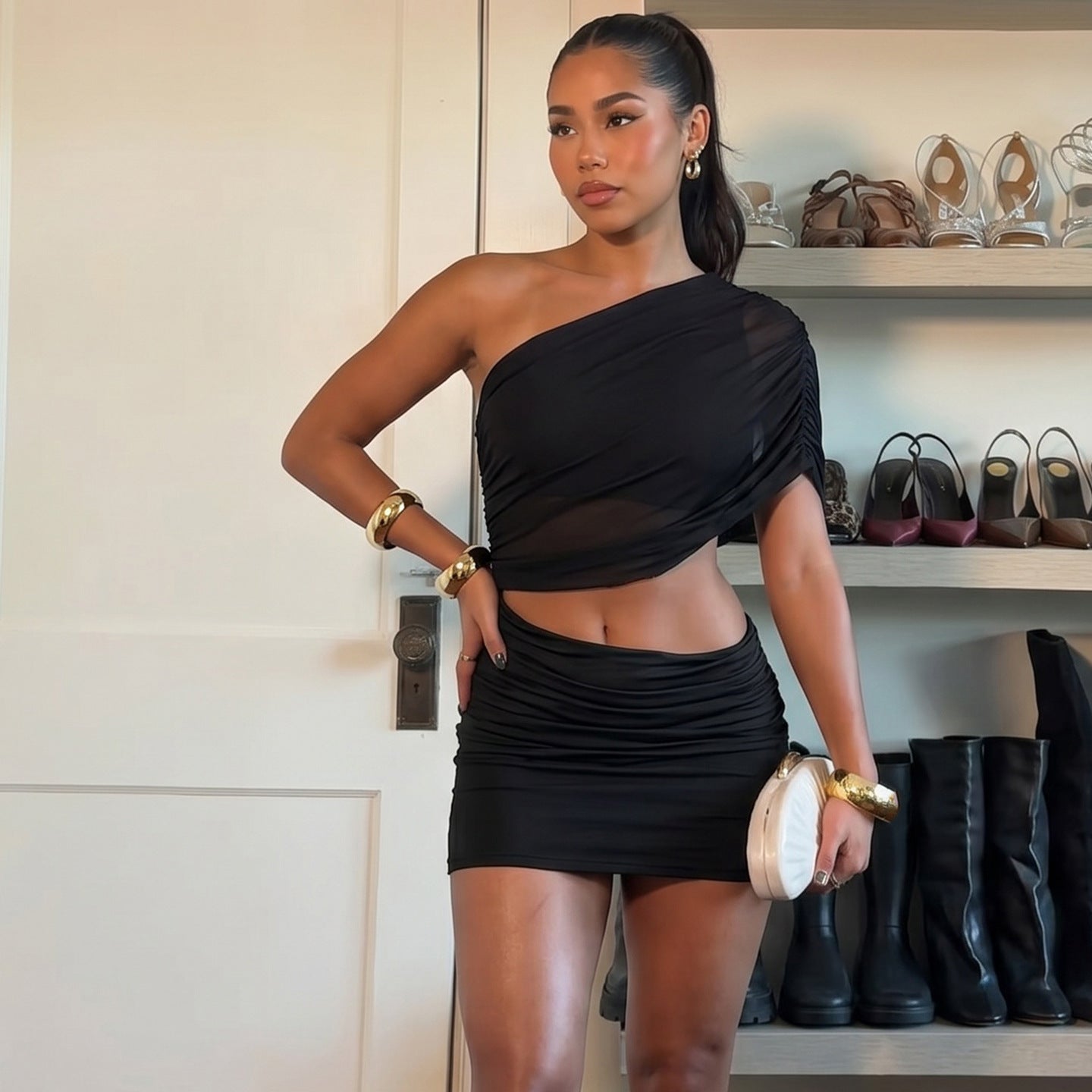 Fashionable Women Clothing Sexy Mesh Shoulder Hollow Out Cutout out Cropped Stitching Hip Short Dress