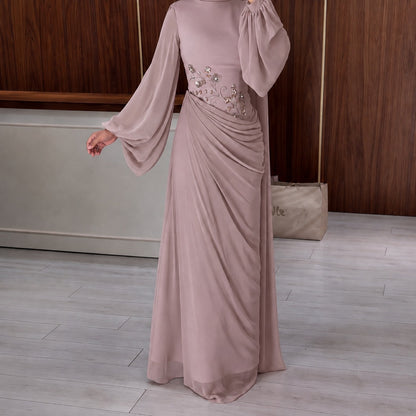Vestido Elegante de Gasa con Decoraciones de Diamantes, Floral, Manga Larga, Corte Estrecho y Falda Amplia