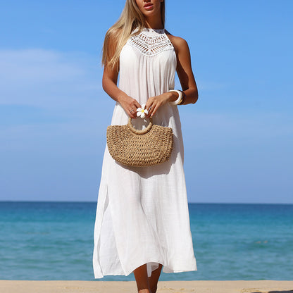 Vestido largo holgado de ganchillo hecho a mano con tirantes y abertura lateral, sexy, para la playa y la protección solar, para mujer.
