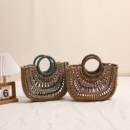 Hollowed out Semicircle Portable Straw Weaved Bag Round Handle Contrast Color Straw Bag Woven Bag Women Seaside Vacation Beach Bag - Wanita Store