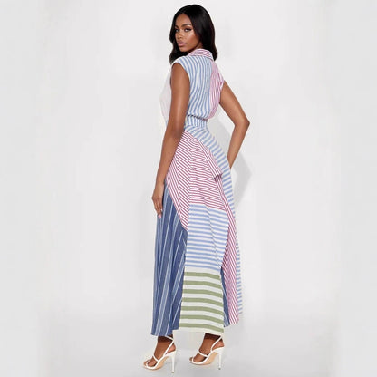 Women Clothes Cool Contrast Color Patchwork Stripes V neck Dress Irregular Asymmetric Cinched A line Dress - Wanita Store