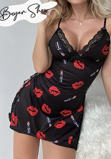Sexy Lingerie V-neck Sexy Red Lips Printed Split Sling Nightdress Women