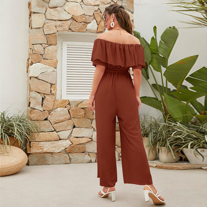 Women Clothing Summer Casual off Shoulder Ruffle Sleeve Lace up Cropped Wide Leg Pants - Wanita Store