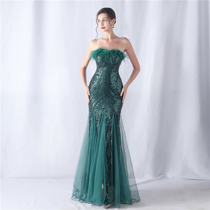 Ostrich Feather Positioning Floral Cutting Wedding Annual Meeting Tube Top Sequin Gauze Evening Dress - Wanita Store
