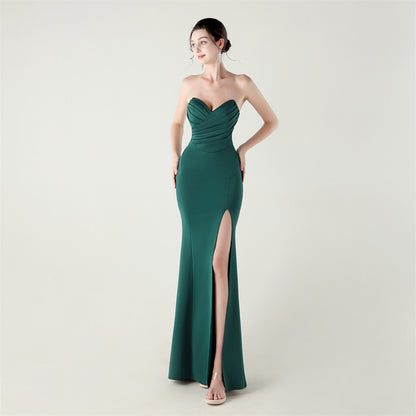Wrapped Chest Folding Heart Shaped Collar Evening Dress Back Cross Strap Slimming Cocktail Bridesmaid Dress - Wanita Store