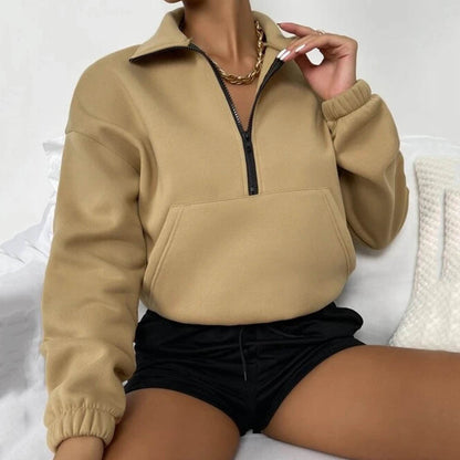 Autumn Women Clothing Loose Zip Collar Long Sleeve Sweatshirt Tops - Wanita Store