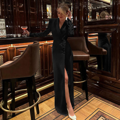 Spring Autumn Party Dress Women V neck Long Sleeve High Waist Split French Dress - Wanita Store