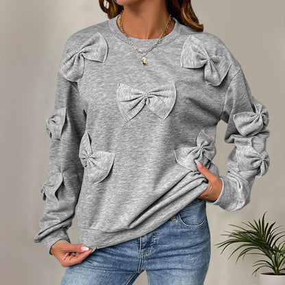 Casual Autumn Bow Stitching Gray round Collar Sweatshirt - Wanita Store