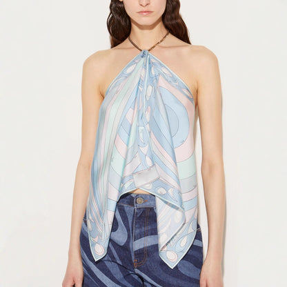 Spring Summer Halter Positioning Printing Tube Top Loose Vacation Party Backless Satin - Wanita Store
