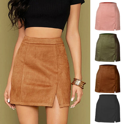Women Clothing Suede Hip Skirt High Waist Zipper Autumn Winter A line Solid Skirt Women - Wanita Store