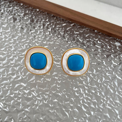 Pendientes de tuerca cuadrados de concha natural con turquesa, estilo retro simple de alta gama, interés especial, lujo ligero, pendientes de la época media antigua