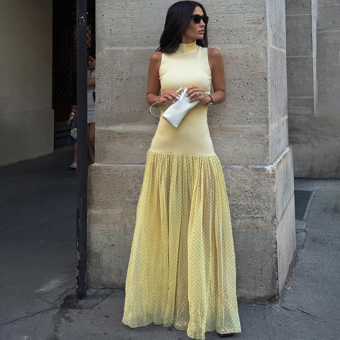 Summer Women Clothing High Collar Slim-Fitting Patchwork Maxi Dress Polka Dot Dress