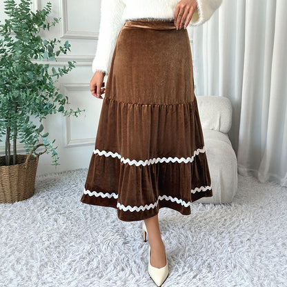 Mid Length Lace Skirt Women Autumn Winter Velvet Big Hem A line Skirt - Wanita Store