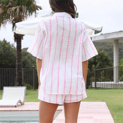Spring Summer Striped Printed Short Sleeve Shirt Shorts Suit Beach Casual Two Piece Suit Women Clothing - Wanita Store