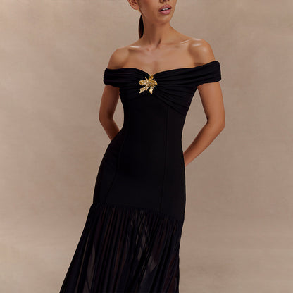 Elegant Tube Top Ladies Dress Sexy Mesh Stitching Backless Pleated Slim Fit Maxi Dress - Wanita Store