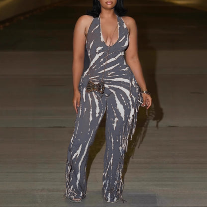 Elegant Sexy Slim Fit Stretch Backless Tassel Printed Halter Strap Micro Pull Jumpsuit - Wanita Store