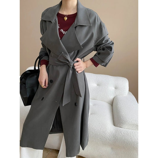 Early Autumn British High Grade Collared Double Breasted Lace up Slimming Long Trench Coat