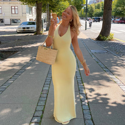 Women Clothing Summer Sexy V neck Halter Backless High Waist Slim Solid Color Dress - Wanita Store