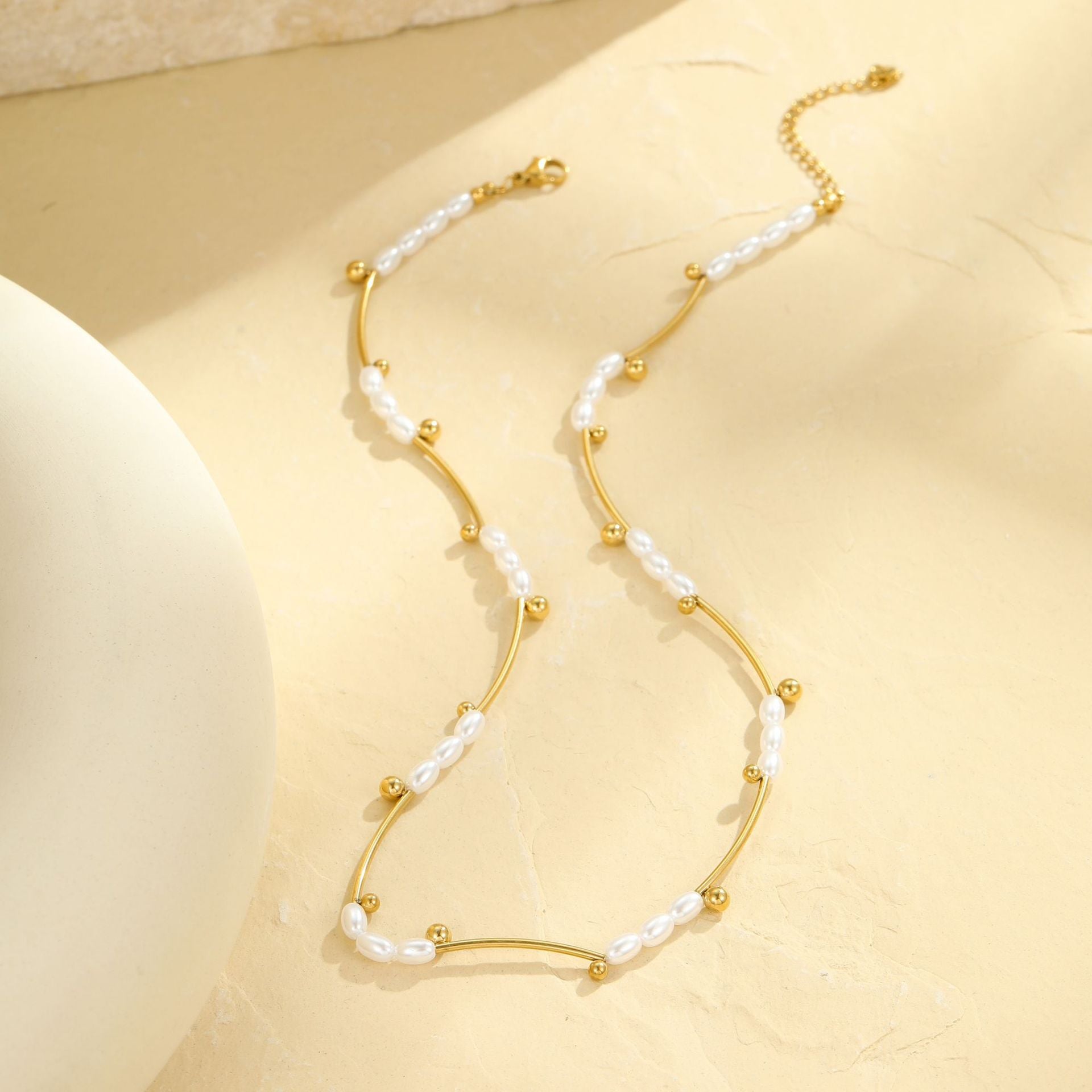 French Hepburn Advanced Baroque Imitation Pearl Necklace Batch Floral Tube Spacer Beads 18K Real Gold Stainless Steel Clavicle Chain - Wanita Store
