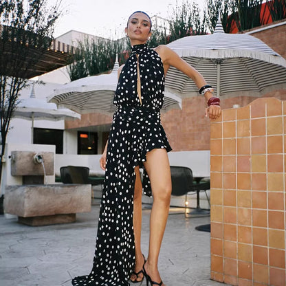 Vestido de verano para mujer, sin mangas, con cuello halter, escote hueco, con lunares, irregular, asimétrico, estilo trapeador, entallado.