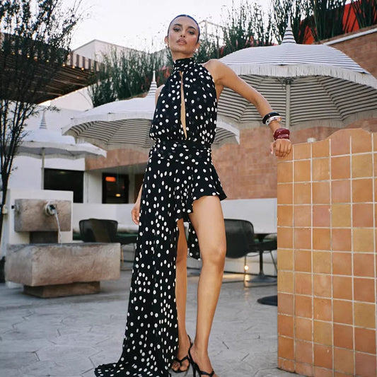 Summer Women Wear Sleeveless Halter Chest Hollow Out Cutout out All Match Polka Dot Irregular Asymmetric Mop Dress Waist Tight Dress