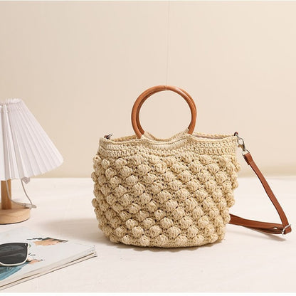 Beanie Crossbody Straw Bag Wooden Ring Portable Straw Bag Woven Bag Vacation Beach Bag Women Bag - Wanita Store