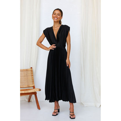 Spring Summer Sexy Pleated Dress Casual Loose Zip Sleeveless Dress - Wanita Store