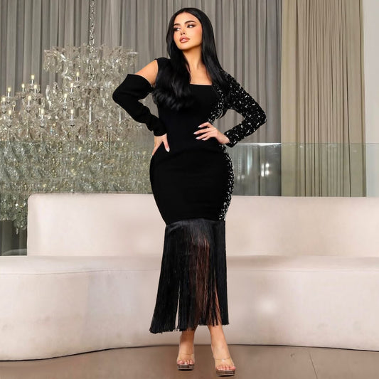 Women Wear Sexy Bag Arm Long Sleeve Rhinestone Tassel Dress