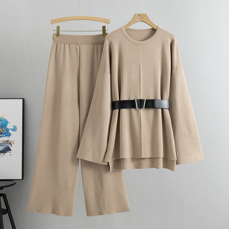 Suit Women Spring Autumn Women Clothing Socialite Elegant Knitwear Slimming Sweater Wide Leg Pants Two Piece Set