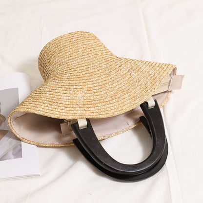 Wooden Portable Hat Straw Bag Fresh Straw Woven Bag Vacation Beach Bag Women Bag - Wanita Store