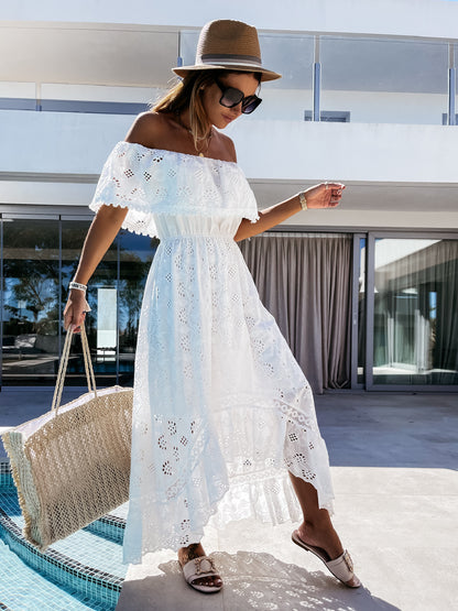 Bohemian Lace Dress White Beach Dress Tube Top off-Shoulder Sexy Dress for Women Eyelet Embroidery - Wanita Store