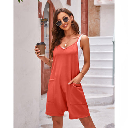 Women Clothing Summer Casual Pocket Spaghetti Straps Knitted Shorts Jumpsuit Suspender Pants Women - Wanita Store