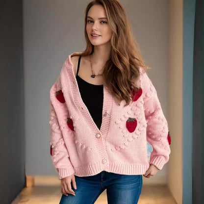 Autumn Winter Crocheted Embroidery Three Dimensional Strawberry Twist Pearl Buckle Knitted Sweater Cardigan Coat - Wanita Store