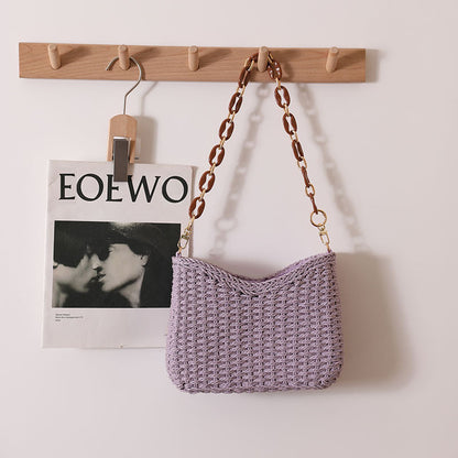 Fresh Purple Straw Bag Woven Bag Women Bag Shoulder Solid Color Straw Bag Seaside Vacation Beach Bag - Wanita Store