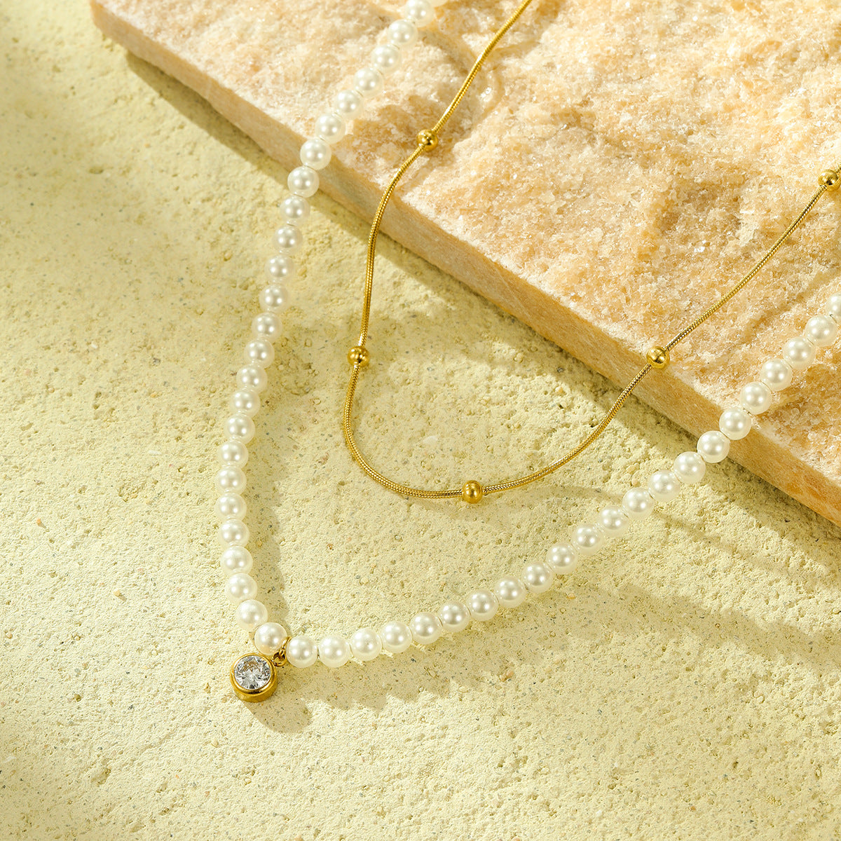 All Match Pearl Double Chain Inlaid Zircon Titanium Steel Necklace 18K Stainless Steel Clavicle Chain Accessories - Wanita Store